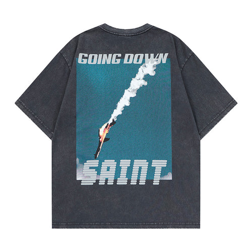 DONOTLOGO Deconstructed "SAINT GOING UP" Rocket Tee - Unisex Vintage Washed Graphic T-Shirt - Edgy Streetwear Aesthetic Oversized Top