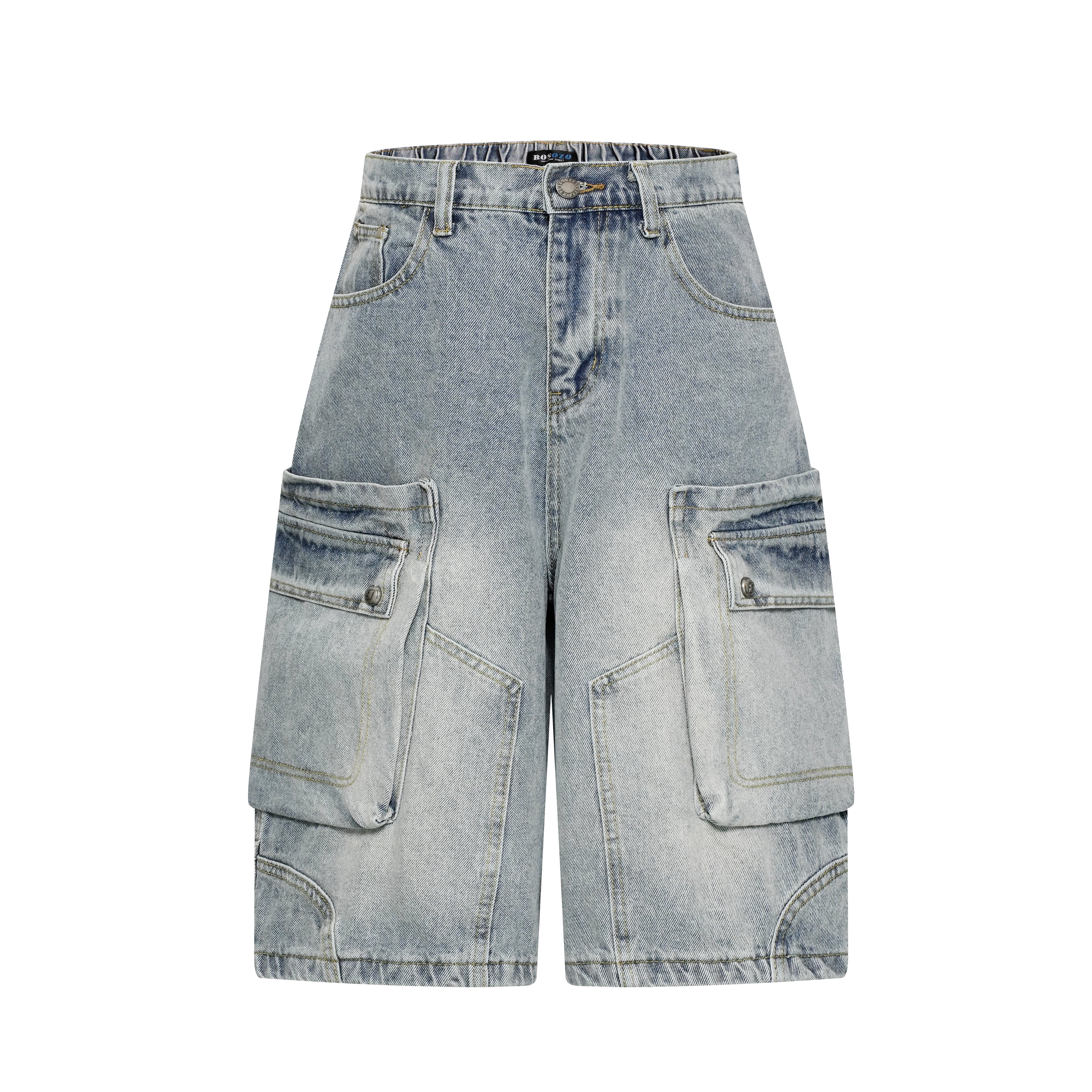 DONOTLOGO Unisex Baggy Cargo Denim Bermuda Shorts - Vintage Washed Multi-Pocket Knee-Length Jean Shorts - Y2K Streetwear Loose Fit Casual Shorts