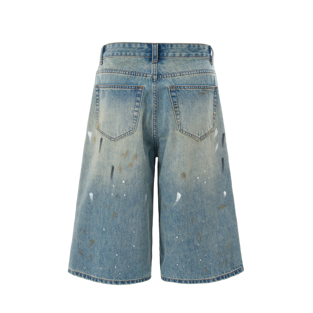 DONOTLOGO Street Art Revival Collection | Unisex Relaxed Fit Denim Shorts | Bold Paint Splatter Seaming & Faded Wash Finish with Classic Cotton Denim Fabric