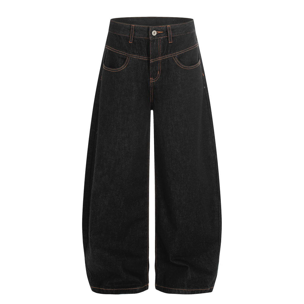 DONOTLOGO Urban Heritage Collection | Unisex Oversized Raw Denim Curved Leg Bottoms | Retro Aesthetic High-Rise Wide-Leg Jeans with Authentic Contrast Stitch Detail