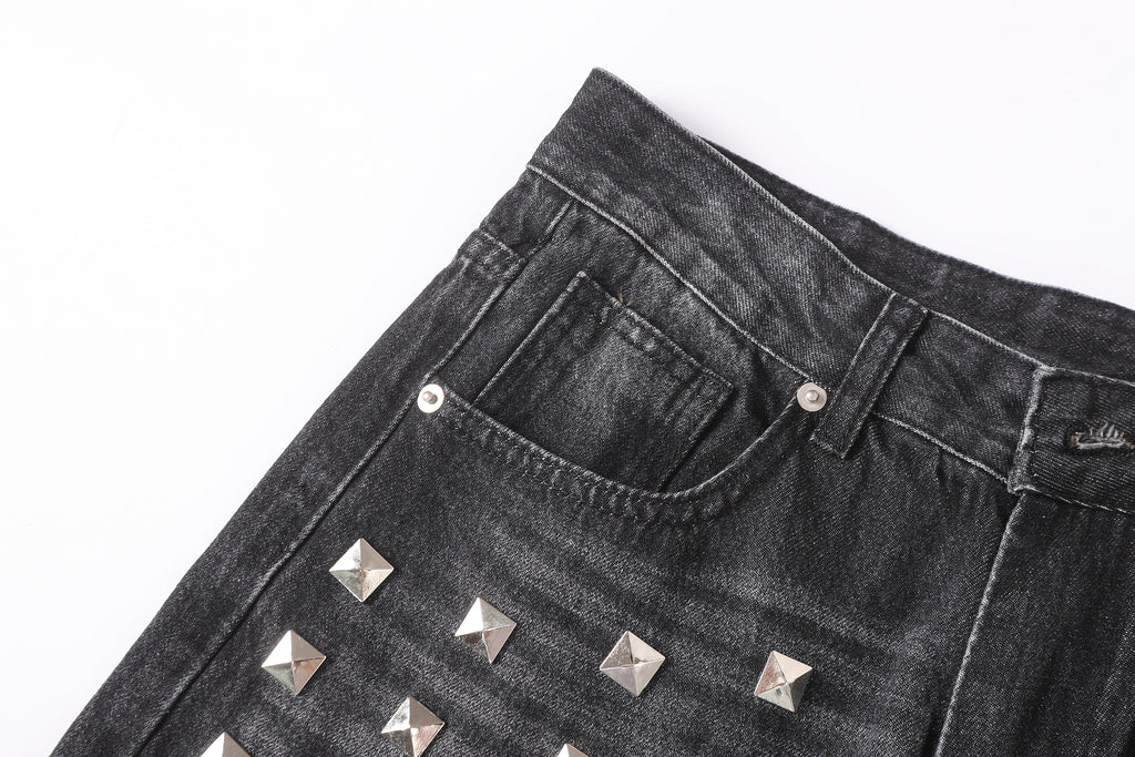 DONOTLOGO Deconstructed Black Baggy Denim Pants | Unisex Y2K Wide Leg Trousers with Bold Metal Studs | High Street Relaxed Fit Bottoms