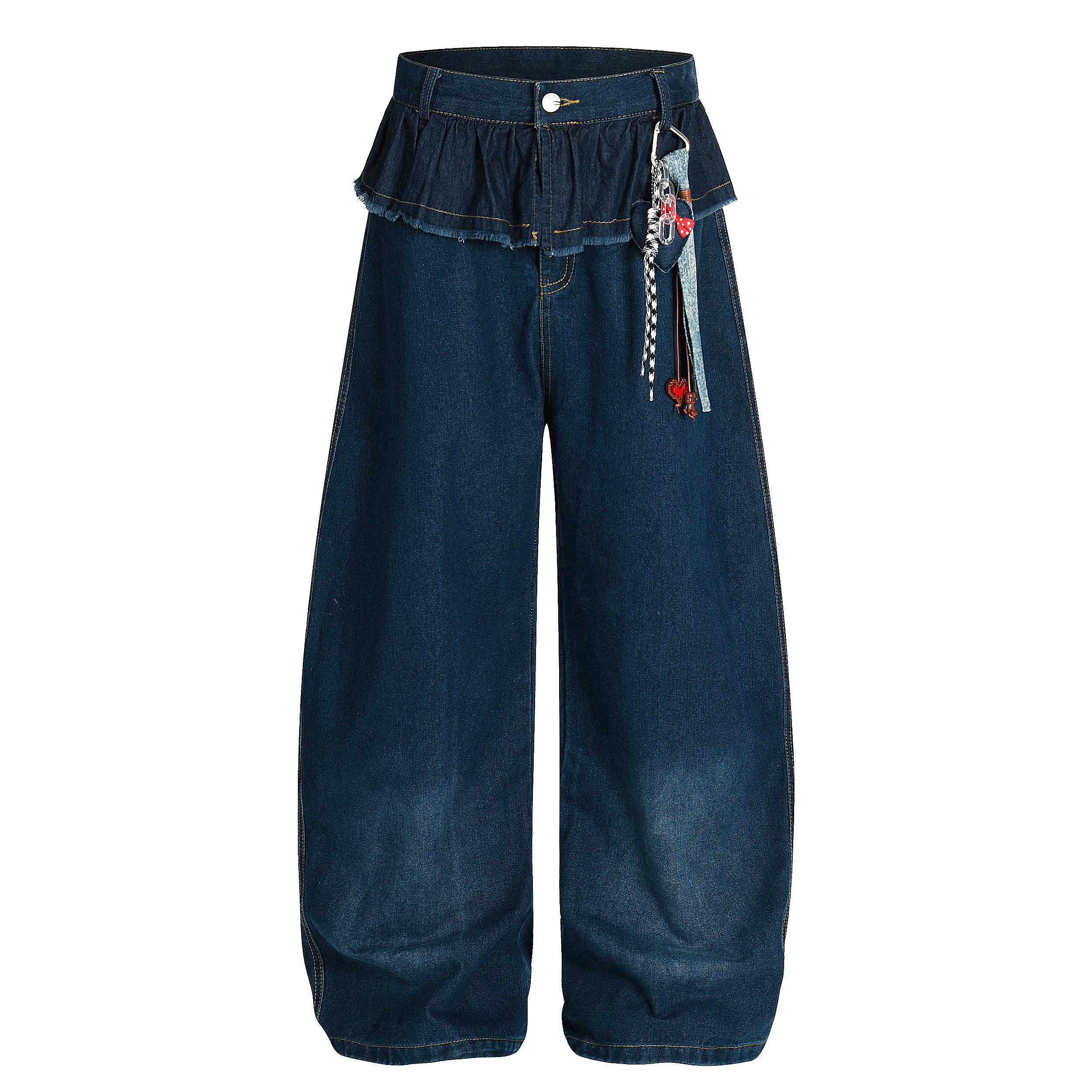 DONOTLOGO Sweet Streetwear Collection | Unisex Relaxed Fit Denim Jeans | Delicate Ruffle Waistband & Hanging Charm Motif with Classic Cotton Denim Fabric