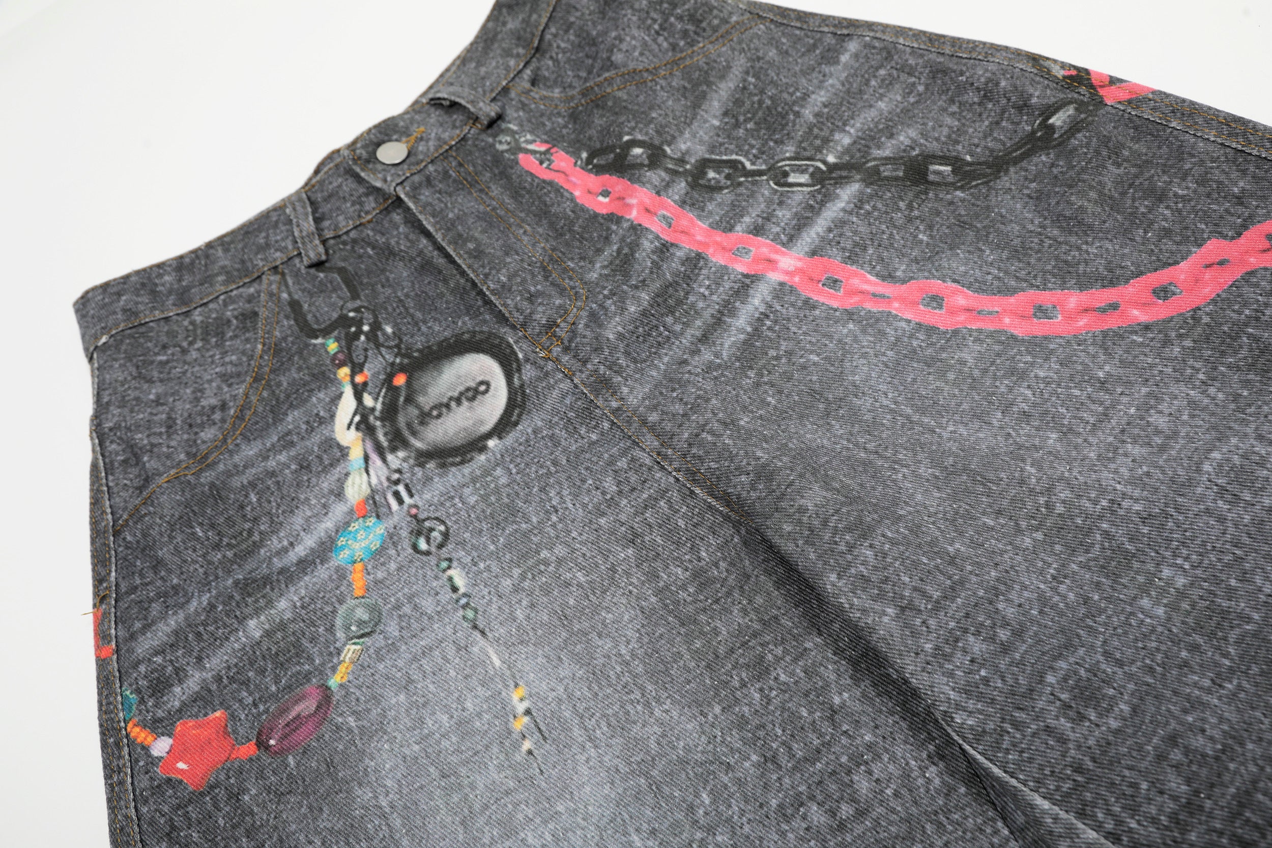 Unisex Vintage Chain Print Denim Jeans