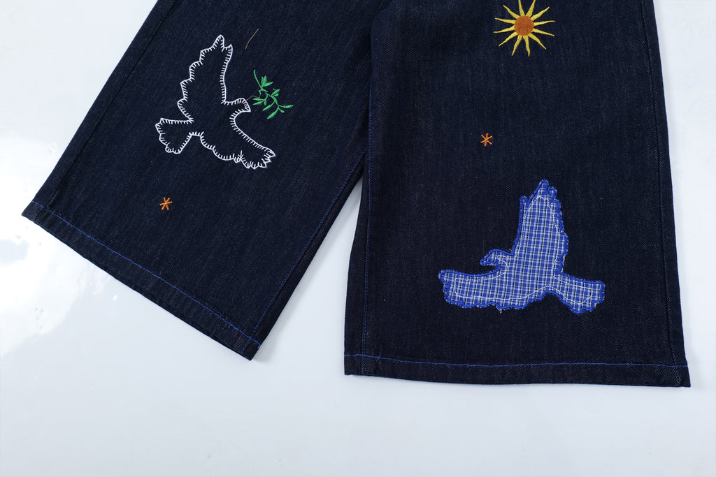 DONOTLOGO Unisex Vintage Denim Shorts | Pigeon & Sun Embroidery | Loose Fit Summer Must-Have