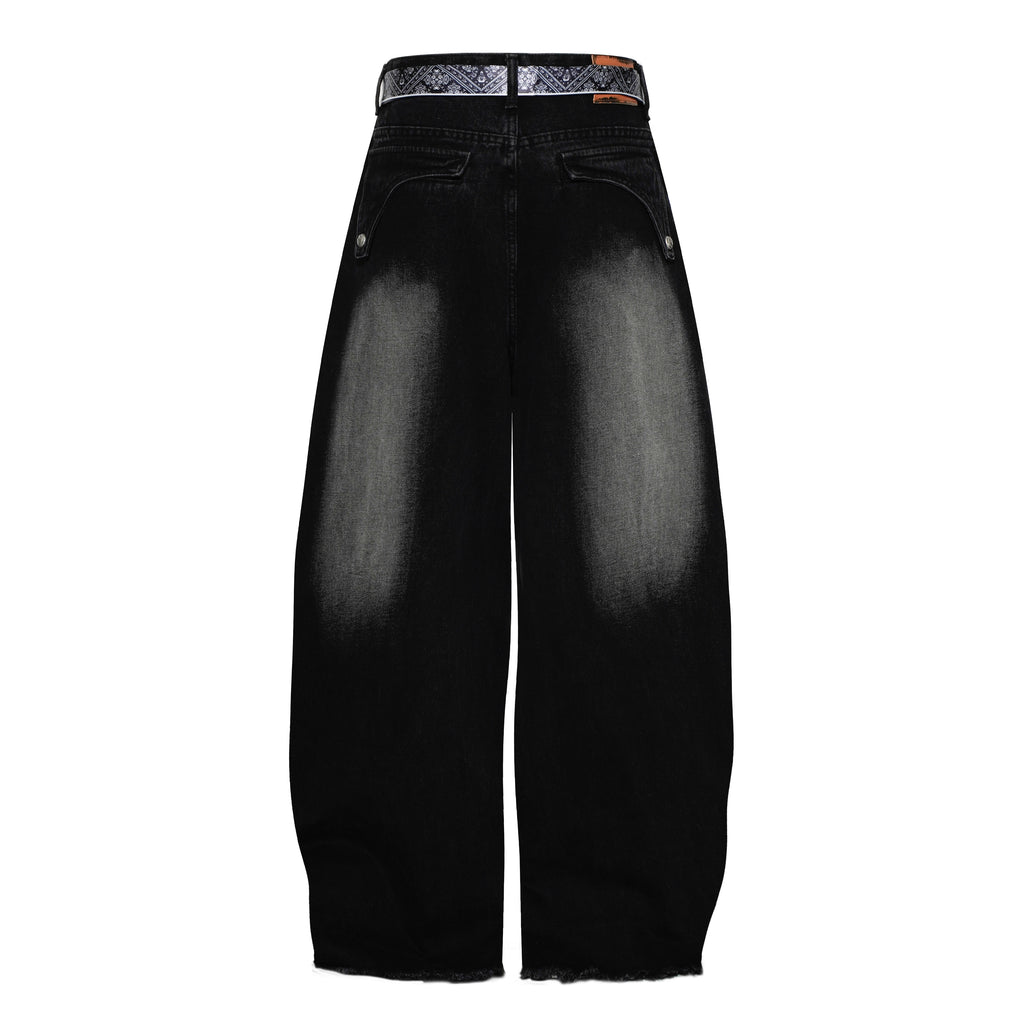 DONOTLOGO "Arc Seam" Distressed Denim - American High Street Baggy Jeans with Contrast Wash & Bandana Belt - Oversized Wide Leg Trousers