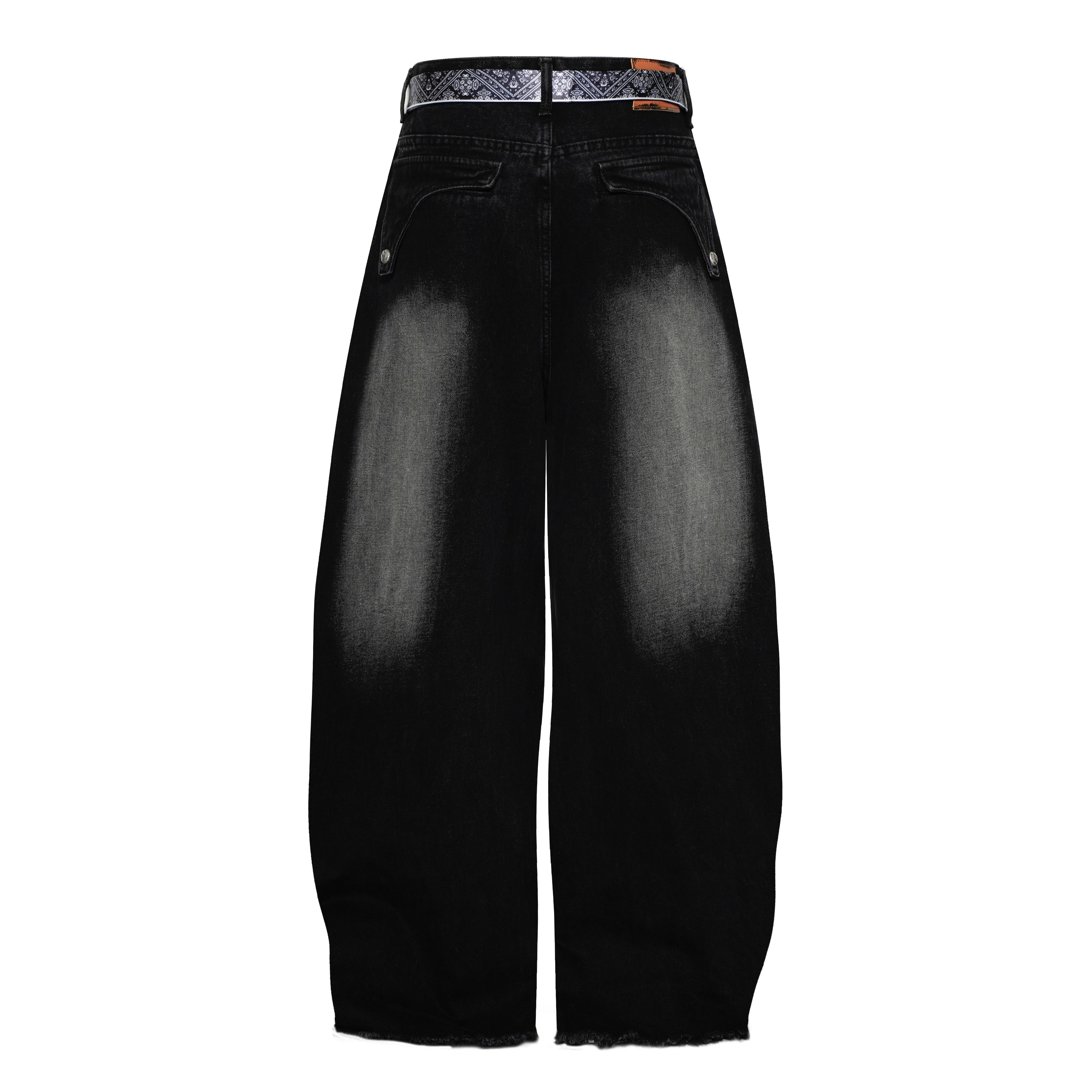 DONOTLOGO "Arc Seam" Distressed Denim - American High Street Baggy Jeans with Contrast Wash & Bandana Belt - Oversized Wide Leg Trousers