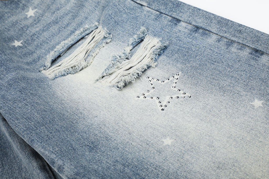 DONOTLOGO Urban Edge Collection | Unisex Relaxed Fit Denim Jeans | Bold Star Embroidery & Ripped Wash Finish with Classic Cotton Denim Fabric