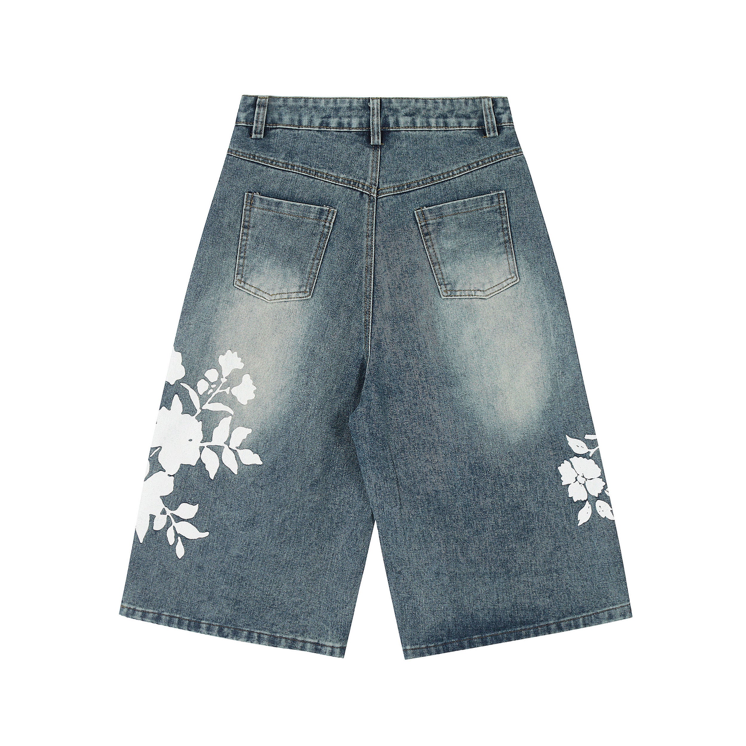 Unisex Floral Print Design Denim Jeans