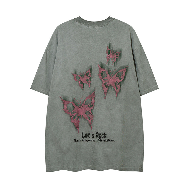 DONOTLOGO Heavy Acid Washed Butterfly Print Tee | Unisex Y2K Oversized Streetwear Top | Retro High Street Summer Shirt