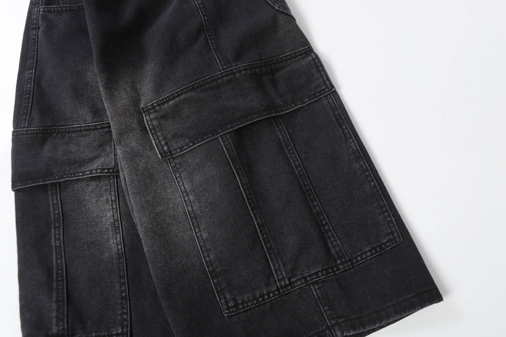DONOTLOGO Retro Blue Cargo Jean Shorts | Unisex Y2K Wide Leg Denim Shorts with Functional Pockets | High Street Relaxed Fit Bottoms