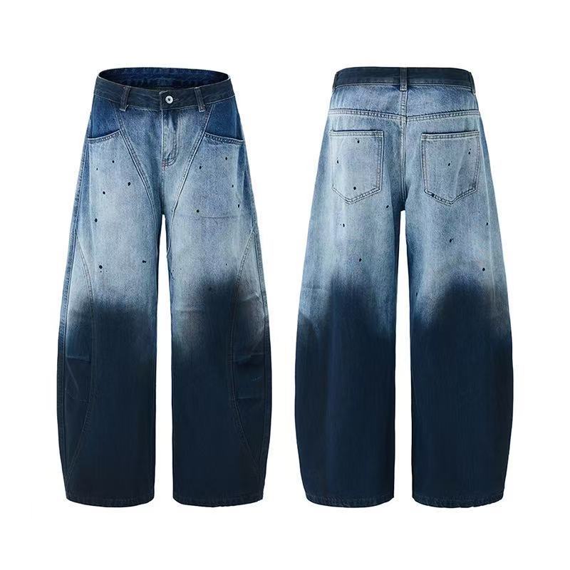 DONOTLOGO "Ombre Fade" Distressed Denim - Curved Seam Baggy Jeans with Splatter Detail - Vintage Washed Wide Leg Trousers