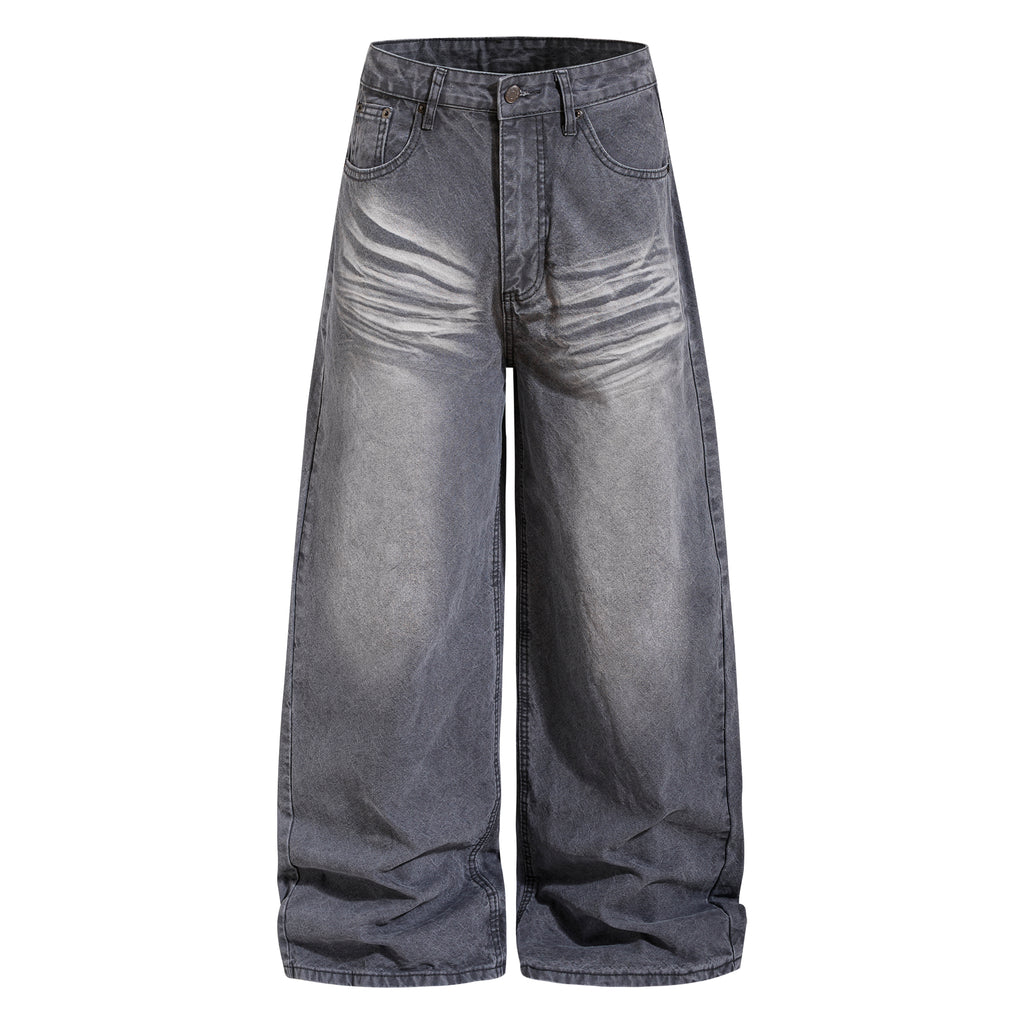 DONOTLOGO Oversized Distressed Wide-Leg Denim | Unisex Vintage Washed Cat Whisker Jeans | Retro Streetwear Baggy Fit with Ripped Detail