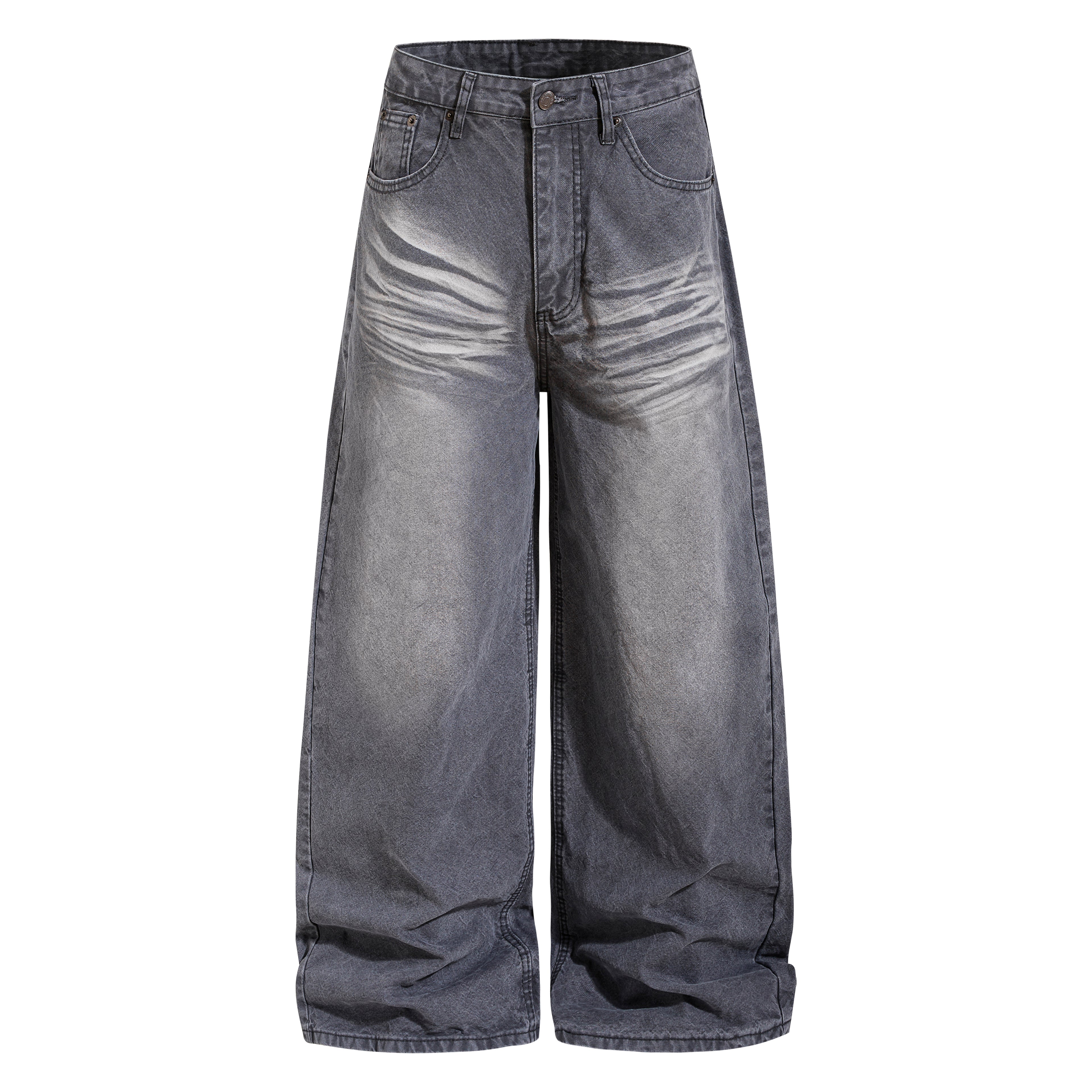 DONOTLOGO Oversized Distressed Wide-Leg Denim | Unisex Vintage Washed Cat Whisker Jeans | Retro Streetwear Baggy Fit with Ripped Detail