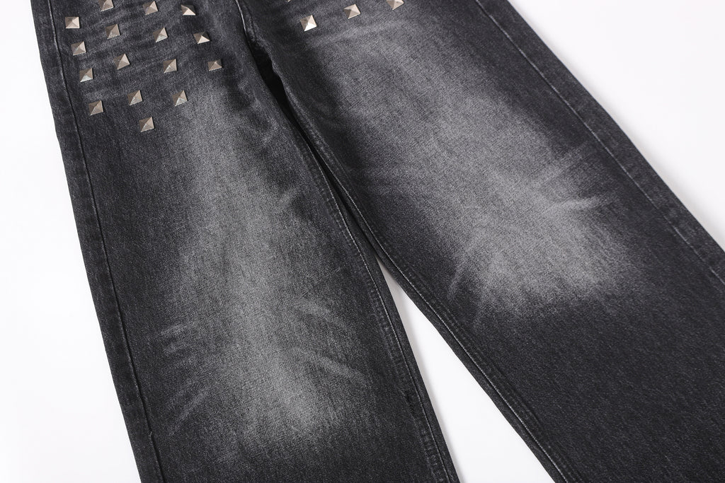 DONOTLOGO Deconstructed Black Baggy Denim Pants | Unisex Y2K Wide Leg Trousers with Bold Metal Studs | High Street Relaxed Fit Bottoms