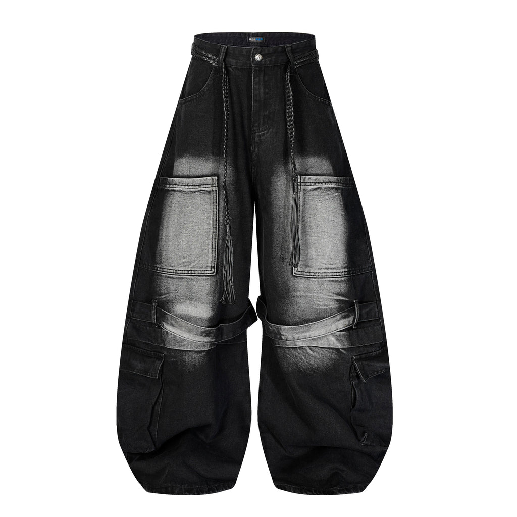 DONOTLOGO Deconstructed Arc Seam Denim - Oversized Patchwork Cargo Pants with Distressed Wash - Avant-Garde Wide Leg Trousers for Men