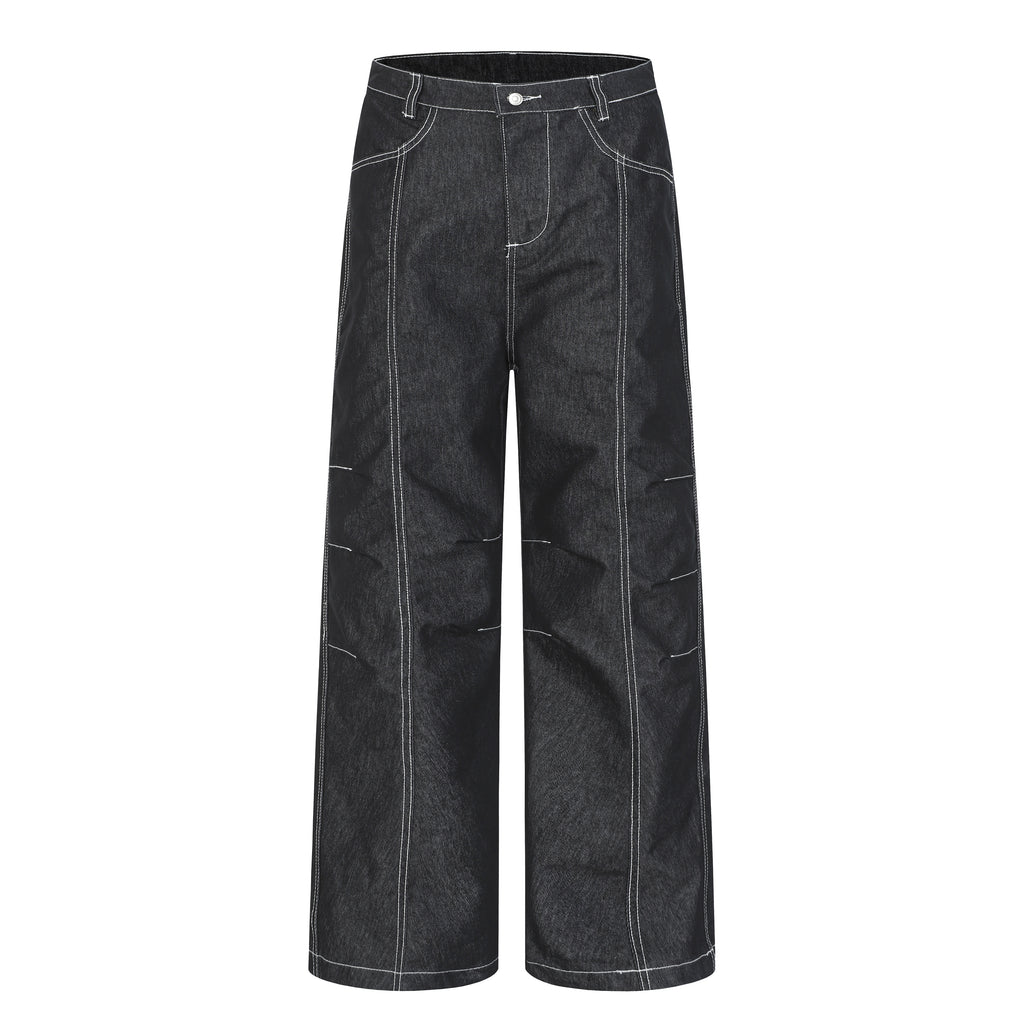 DONOTLOGO Deconstructed Black Baggy Denim Pants | Unisex Y2K Wide Leg Trousers with Bold White Stitching | High Street Relaxed Fit Bottoms