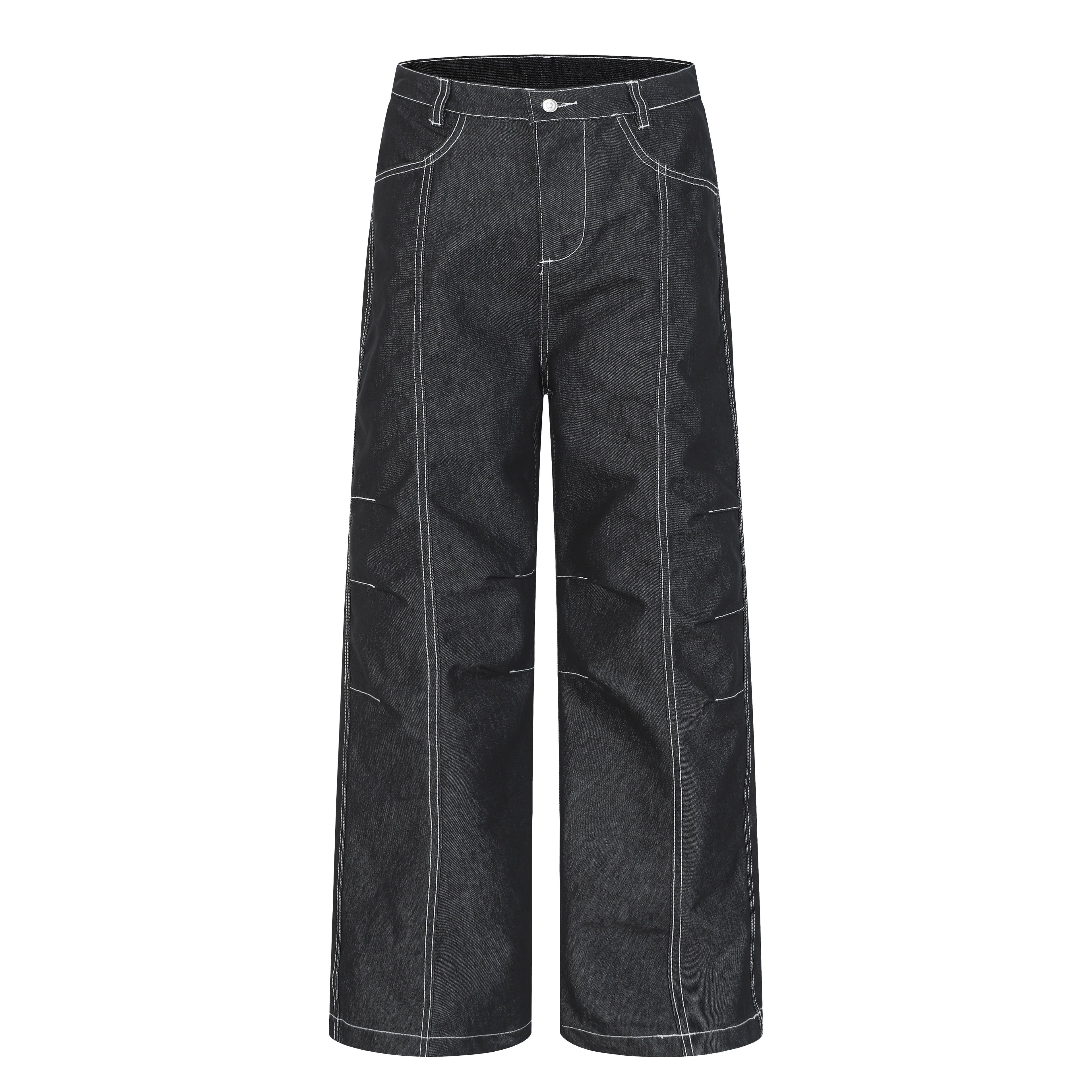 DONOTLOGO Deconstructed Black Baggy Denim Pants | Unisex Y2K Wide Leg Trousers with Bold White Stitching | High Street Relaxed Fit Bottoms