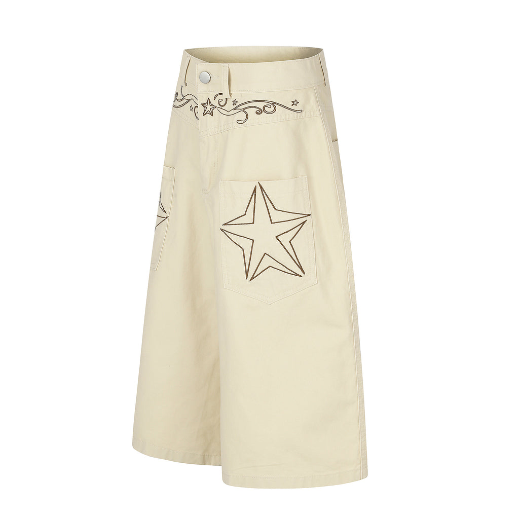 DONOTLOGO Rodeo Dream Collection | Unisex Relaxed Fit Denim-Style Cropped Pants | Bold Star & Scroll Embroidery Detail with High-Rise Waistband