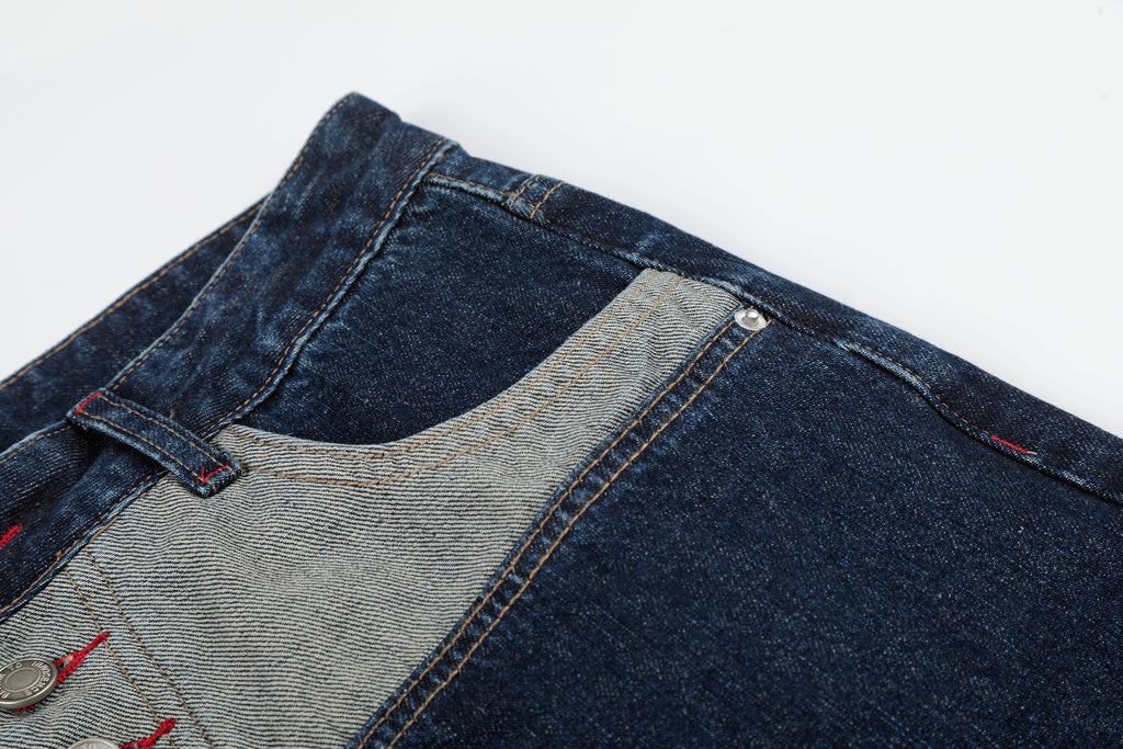 DONOTLOGO Vintage Denim Revival Collection | Unisex Relaxed Fit Patchwork Cropped Pants | Bold Contrast Stitching & Button-Fly Detail with Vintage Wash Finish