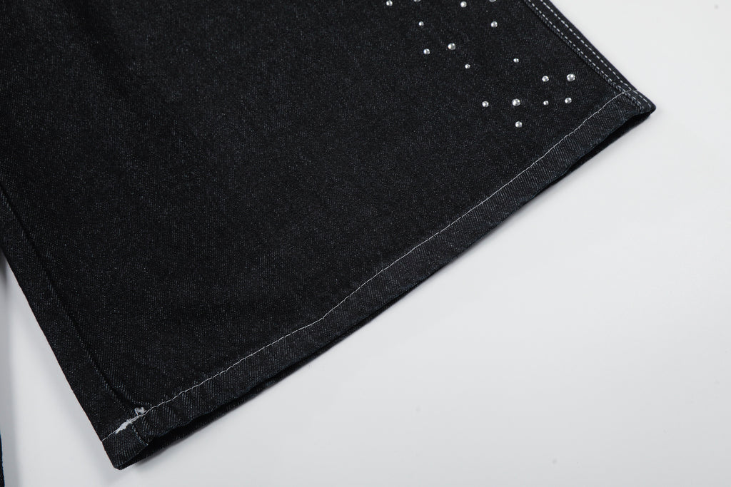 Unisex Street Style Rhinestone Distressed Washed Denim Jeans