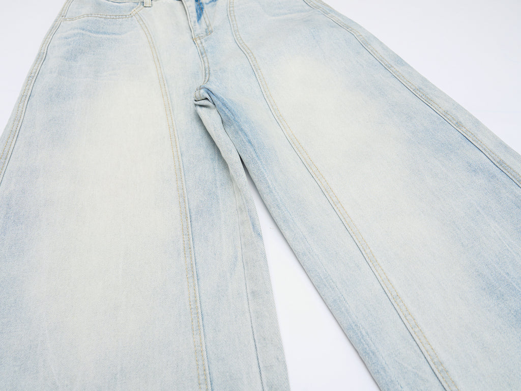 DONOTLOGO Oversized Light Wash Denim Jeans - Unisex Baggy Trousers with Distressed Whisker Effect - Edgy Streetwear Bottom with Wide Leg Silhouette & Raw Hem