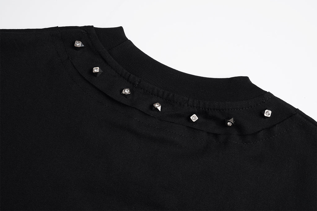 Unisex Streetwear Color-Block Raw-Edge Beaded Versatile Short-Sleeve T-Shirt