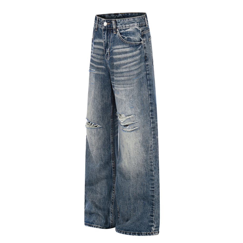 DONOTLOGO Urban Heritage Collection | Unisex Oversized Cat Whisker Ripped Denim | Retro Aesthetic High-Rise Wide-Leg Bottoms with Authentic Fade Detail