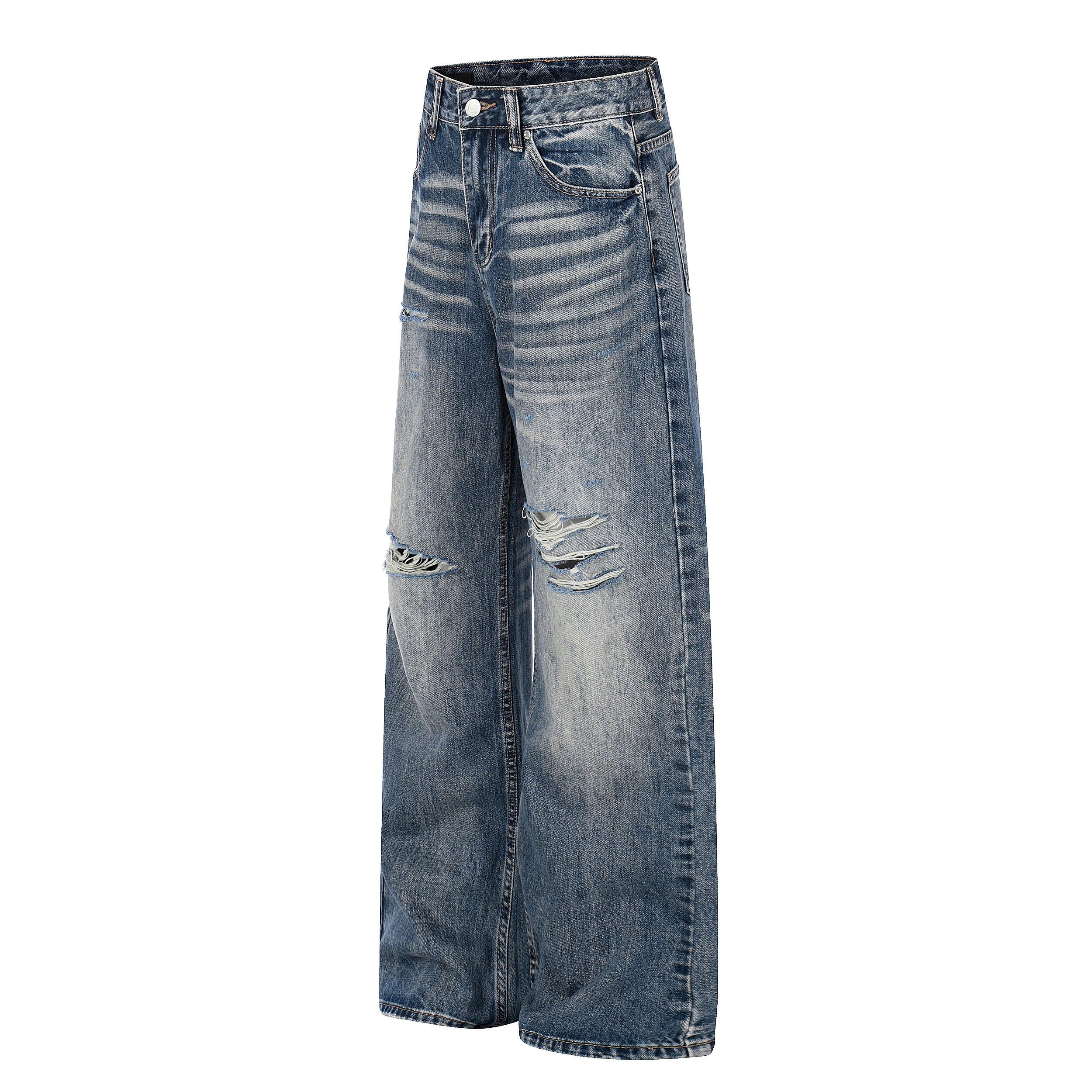 DONOTLOGO Urban Heritage Collection | Unisex Oversized Cat Whisker Ripped Denim | Retro Aesthetic High-Rise Wide-Leg Bottoms with Authentic Fade Detail