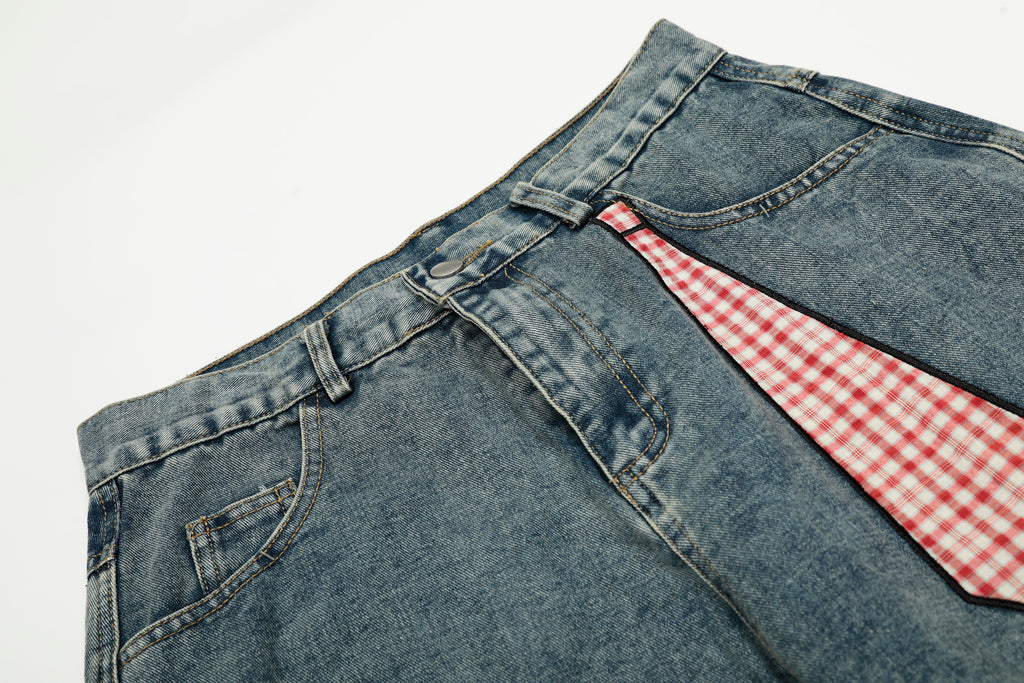 DONOTLOGO Urban Streetwear Collection | Unisex Relaxed Silhouette Cargo Jeans | Bold Plaid Tie & Fruit Motif & Soft Denim Fabric