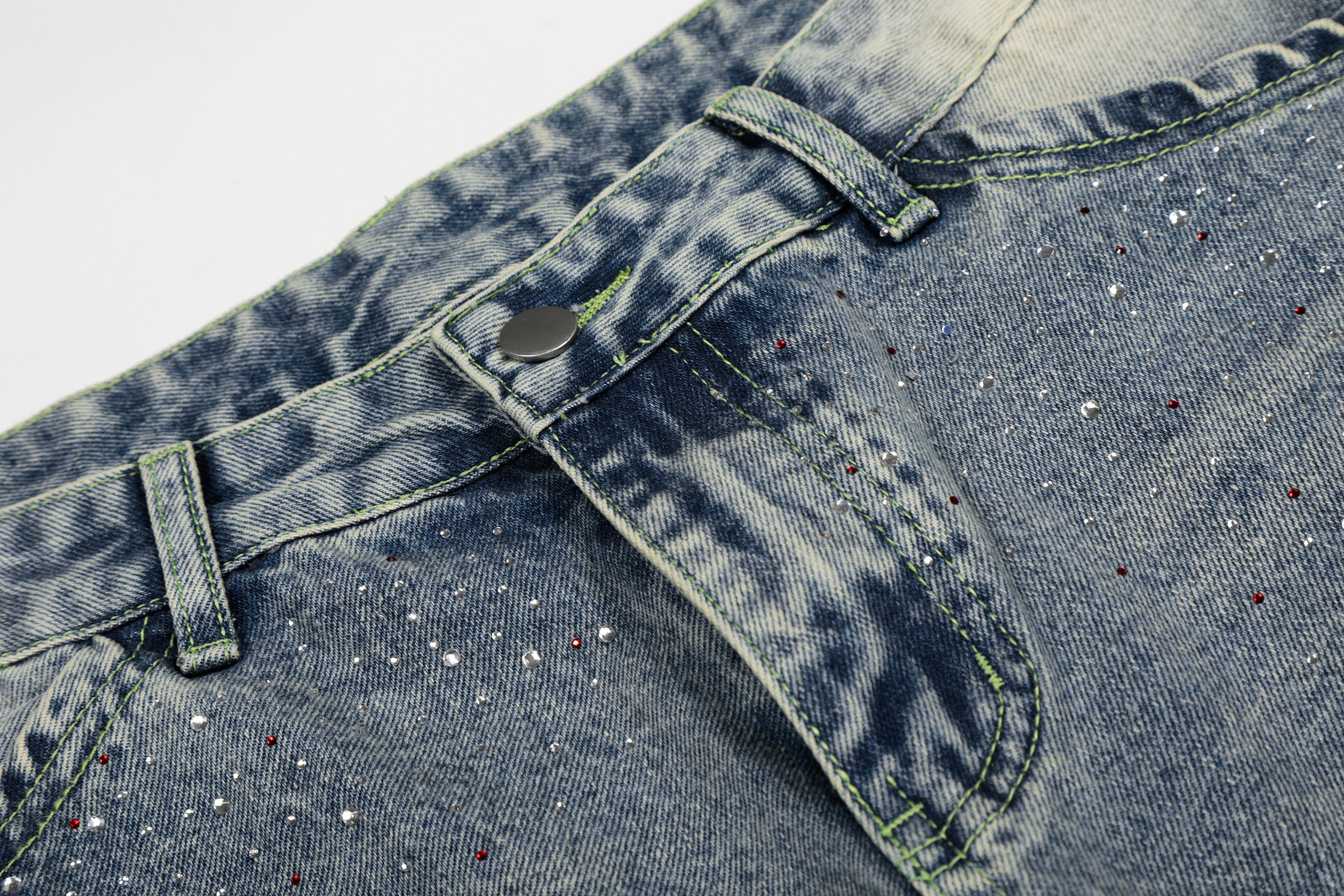 DONOTLOGO Glitter & Grit Collection | Unisex Relaxed Fit Denim Cropped Pants | Sparkling Rhinestone Detail with Vintage Wash Finish & High-Rise Waistband