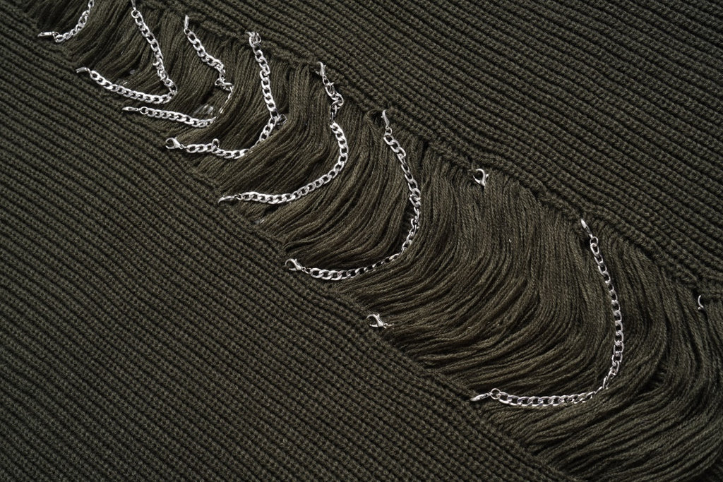 Unisex Knit Sweater with Distressed Letter Embroidery and Chain Details