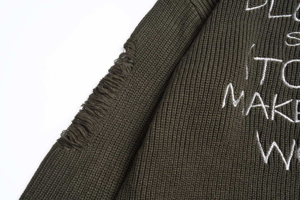 Unisex Knit Sweater with Distressed Letter Embroidery and Chain Details