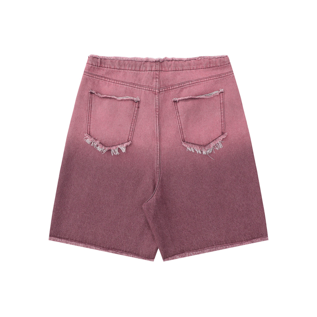 DONOTLOGO Ombre Letter Graphic Denim Shorts | Unisex Distressed Raw Hem Capris | Retro Streetwear Baggy Fit