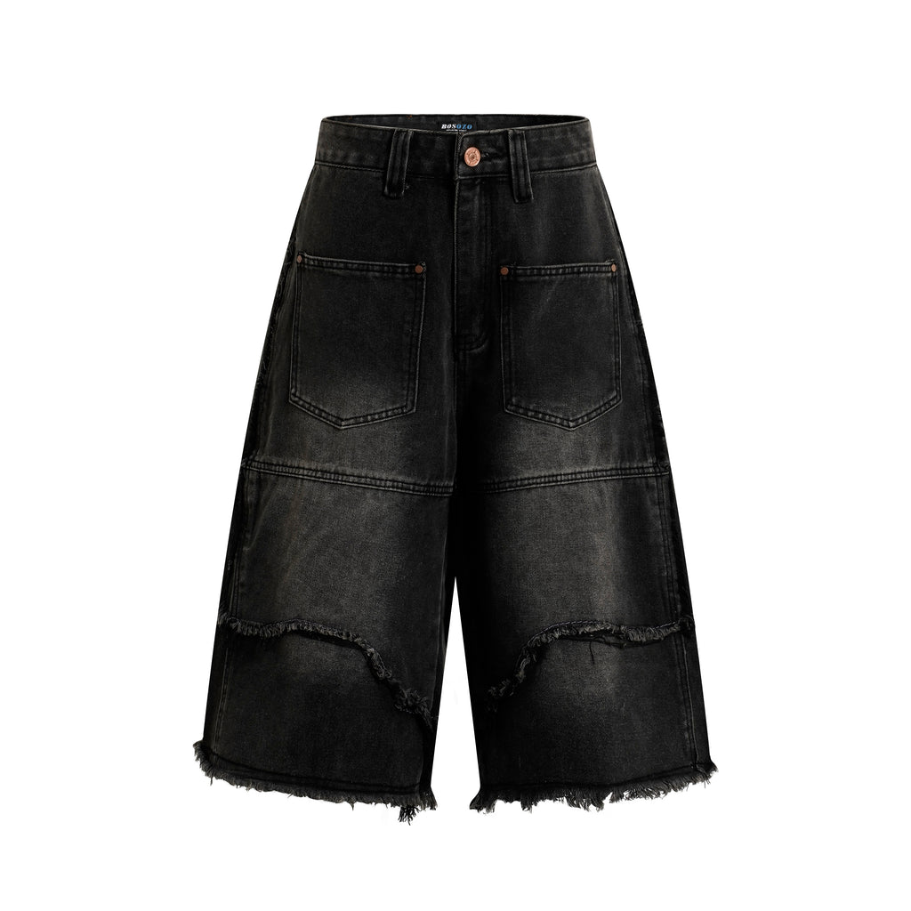 DONOTLOGO Deconstructed Wide Leg Denim Jorts - Raw Edge Patchwork Jean Shorts - Unisex Y2K Grunge Aesthetic Baggy Shorts