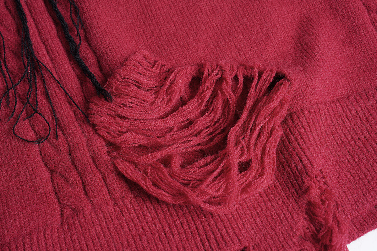 Unisex Streetwear Cable-Knit Sweater with Distressed Lettering