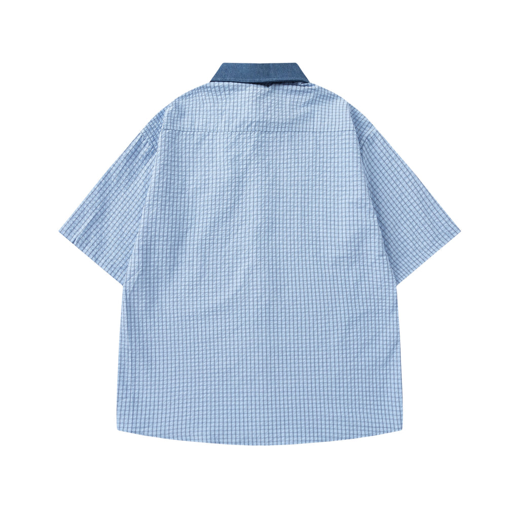 DONOTLOGO Unisex Plaid Shirt with Denim Collar | Colorblock Design, Loose Fit | Japanese Preppy Summer Essential