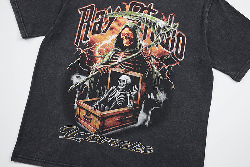 DONOTLOGO "Ray Studio" Gothic Reaper Graphic Tee - Unisex Vintage Washed Streetwear T-Shirt - Edgy Oversized Top with Skull & Lightning Aesthetic