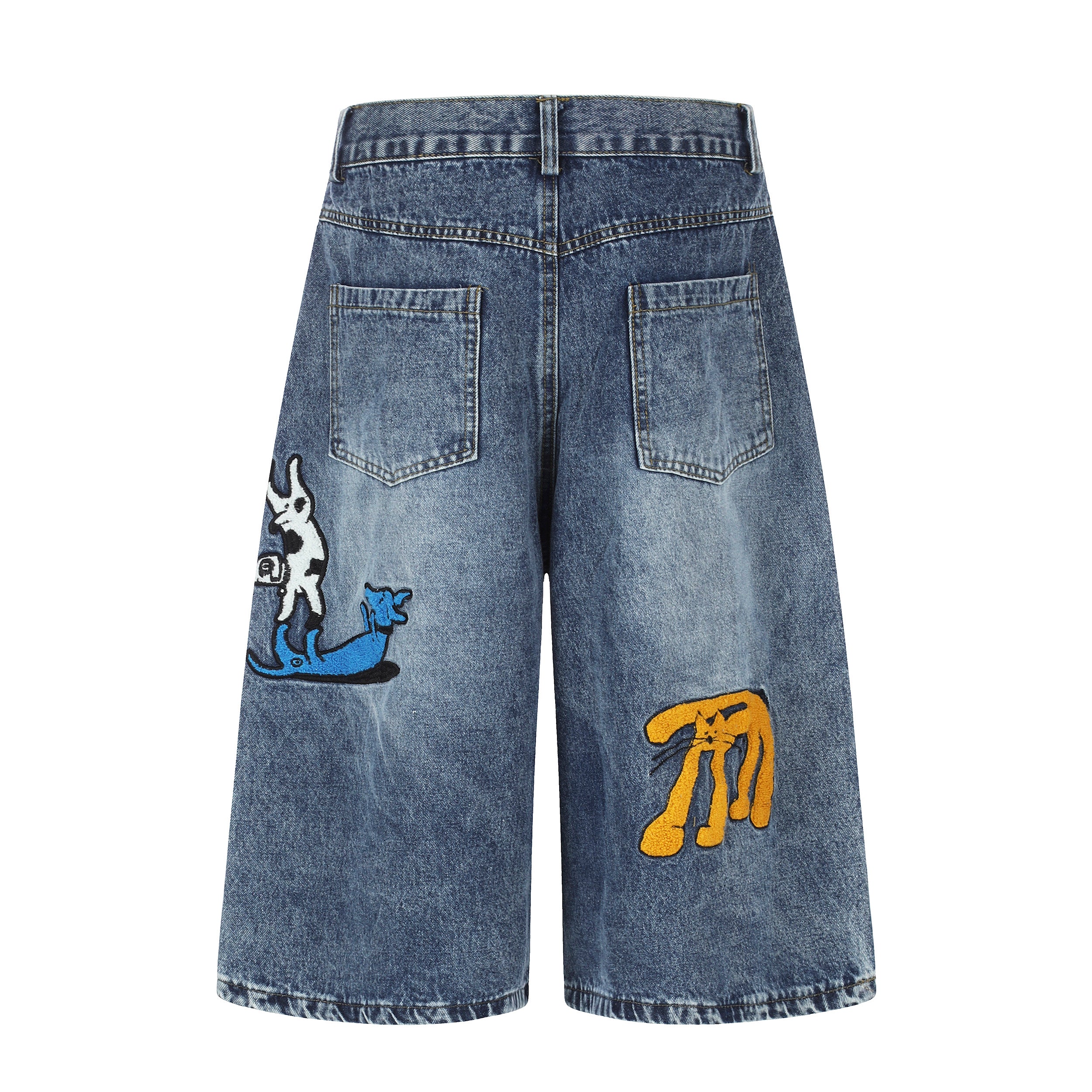 DONOTLOGO Urban Feline Art Collection | Unisex Relaxed Fit Denim Cropped Pants | Playful Multi-Color Cat & Text Embroidery Detail with Vintage Wash Finish
