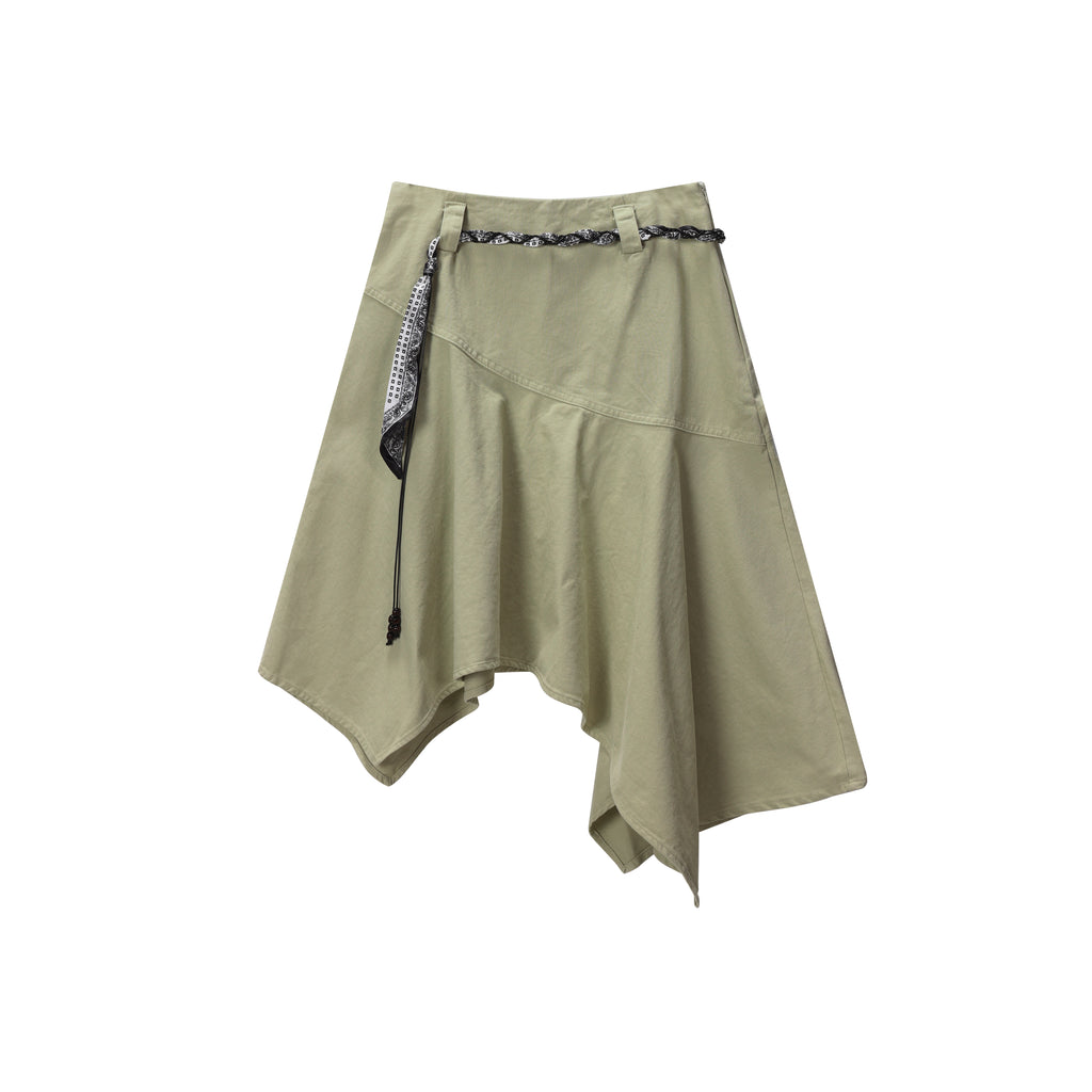 DONOTLOGO Asymmetrical Olive Skirt | 3D Print Ribbon Detail | Festival & Street Style Summer Must-Have
