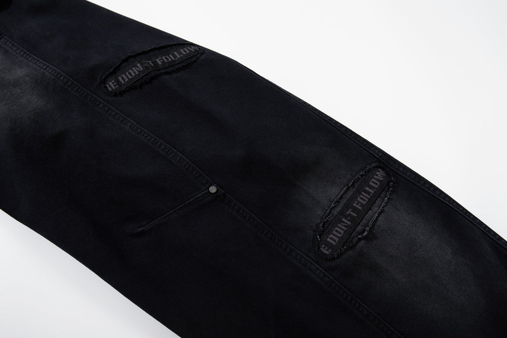 Unisex Distressed Washed Black Drawstring Denim Jeans