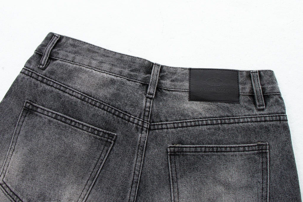 Vintage Washed Whiskered Slub Denim Jeans in Black & Gray