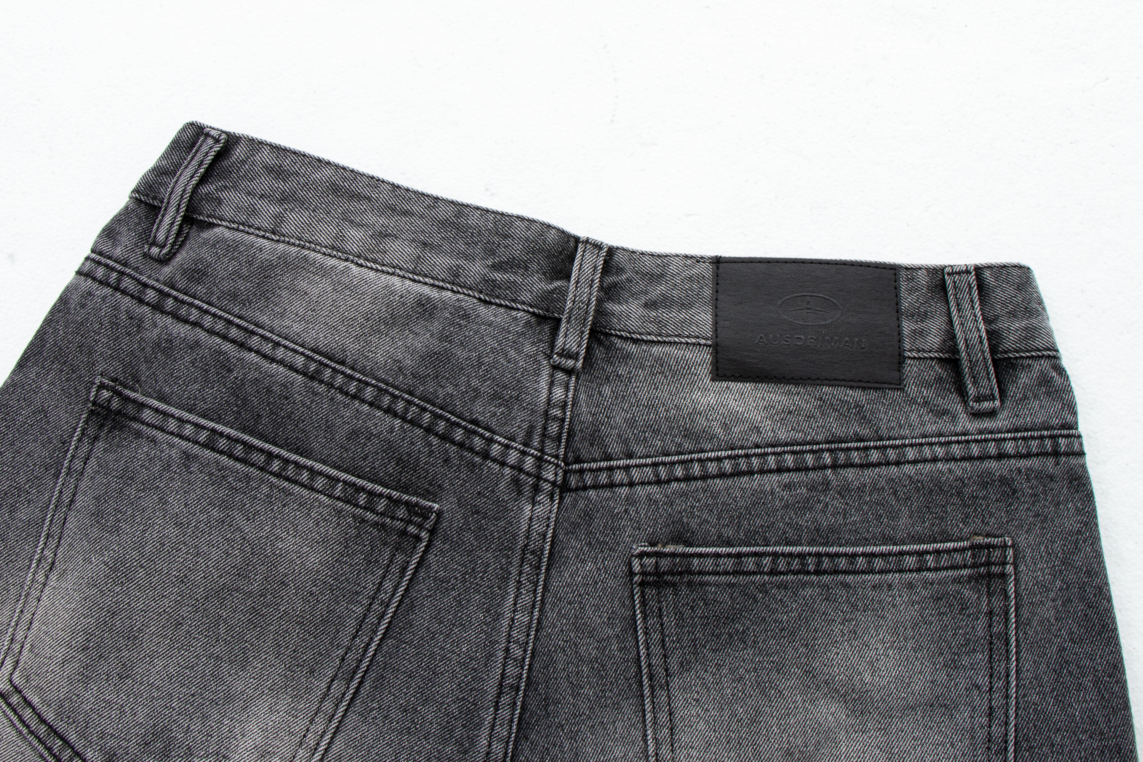 Vintage Washed Whiskered Slub Denim Jeans in Black & Gray