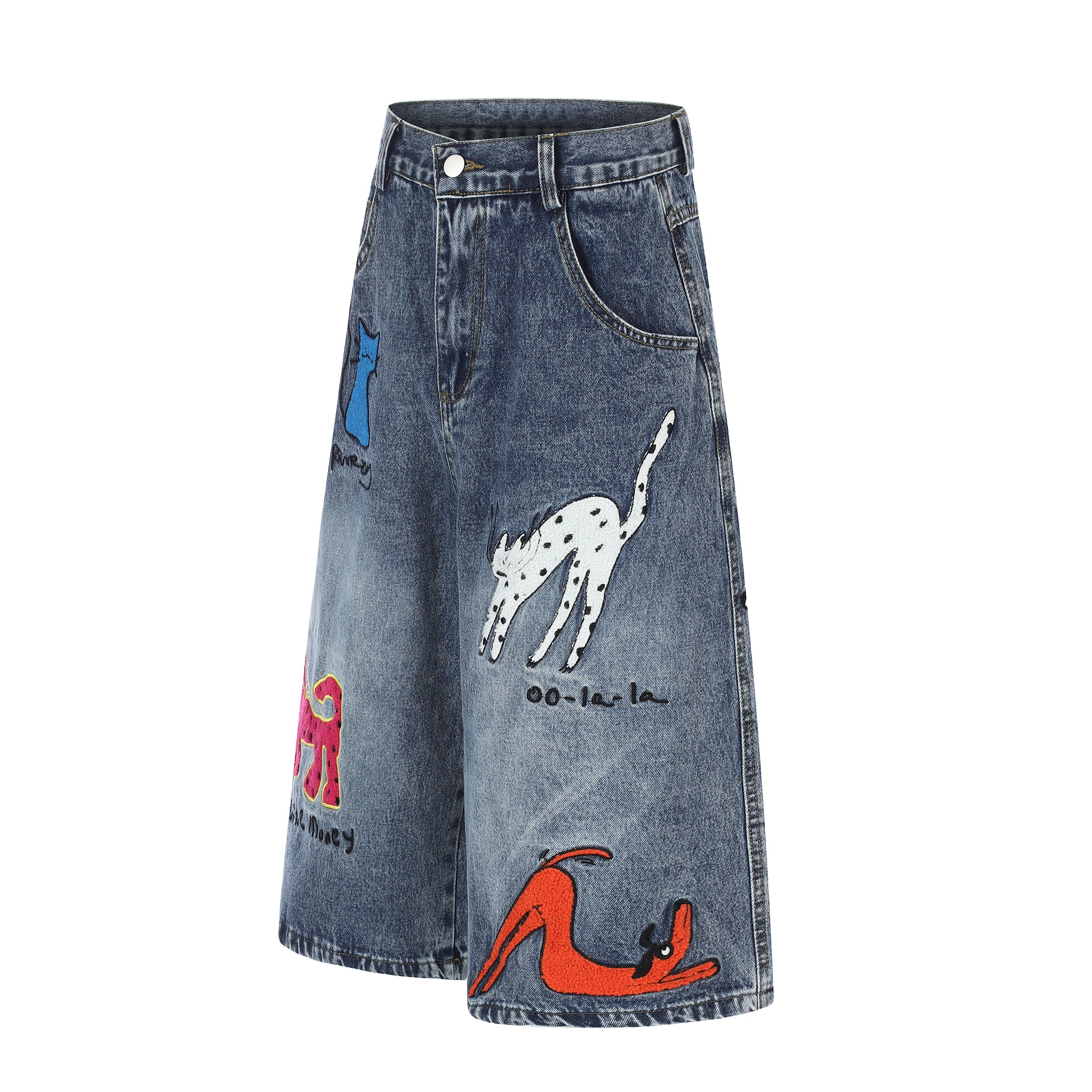 DONOTLOGO Urban Feline Art Collection | Unisex Relaxed Fit Denim Cropped Pants | Playful Multi-Color Cat & Text Embroidery Detail with Vintage Wash Finish