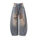 DONOTLOGO Grunge Streetwear Aesthetic | Unisex Oversized Balloon Jeans | Mud-Wash Denim with Detachable Plaid Sash & Gothic Embroidery