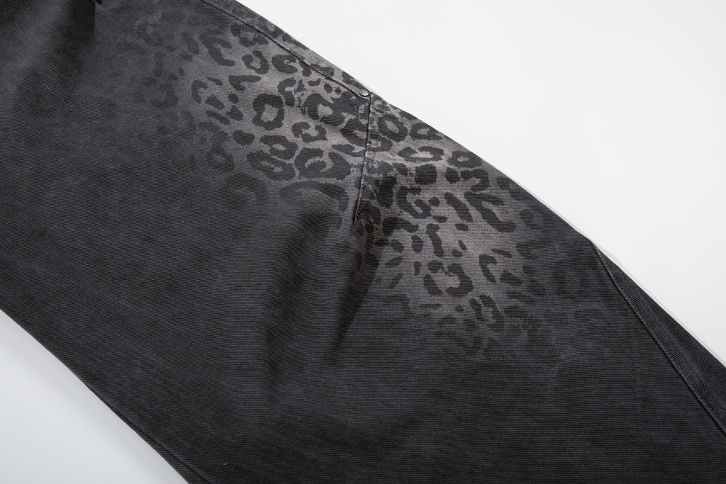 Unisex Trendy Streetwear Leopard-Print Gradient Distressed Curved-Leg Jeans