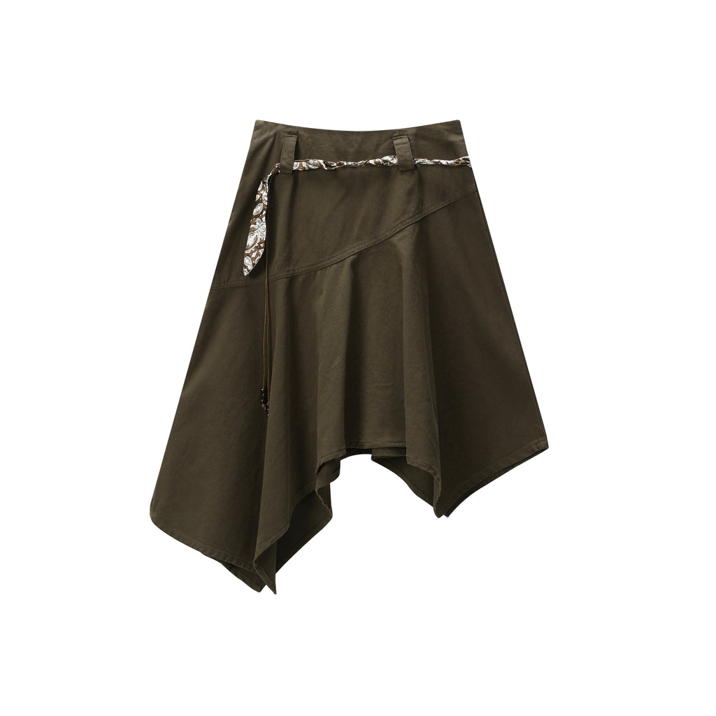 DONOTLOGO Asymmetrical Olive Skirt | 3D Print Ribbon Detail | Festival & Street Style Summer Must-Have