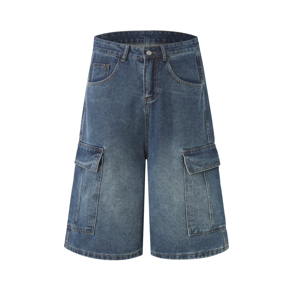 DONOTLOGO Retro Blue Cargo Jean Shorts | Unisex Y2K Wide Leg Denim Shorts with Functional Pockets | High Street Relaxed Fit Bottoms