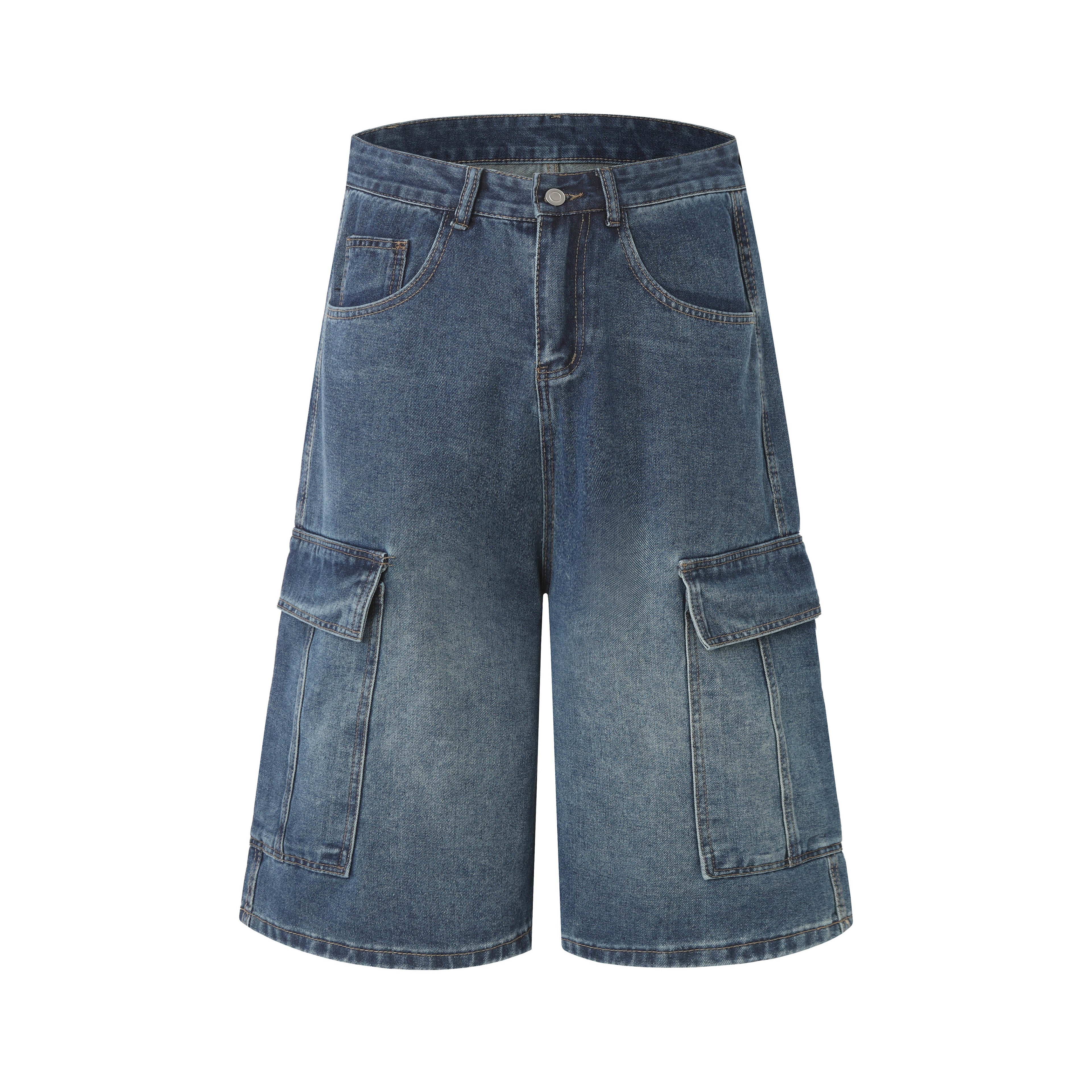 DONOTLOGO Retro Blue Cargo Jean Shorts | Unisex Y2K Wide Leg Denim Shorts with Functional Pockets | High Street Relaxed Fit Bottoms
