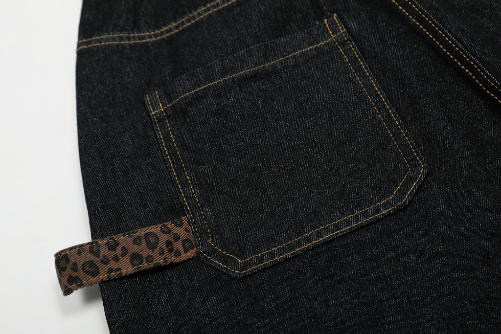 Unisex Vintage Leopard Applique Denim Jeans