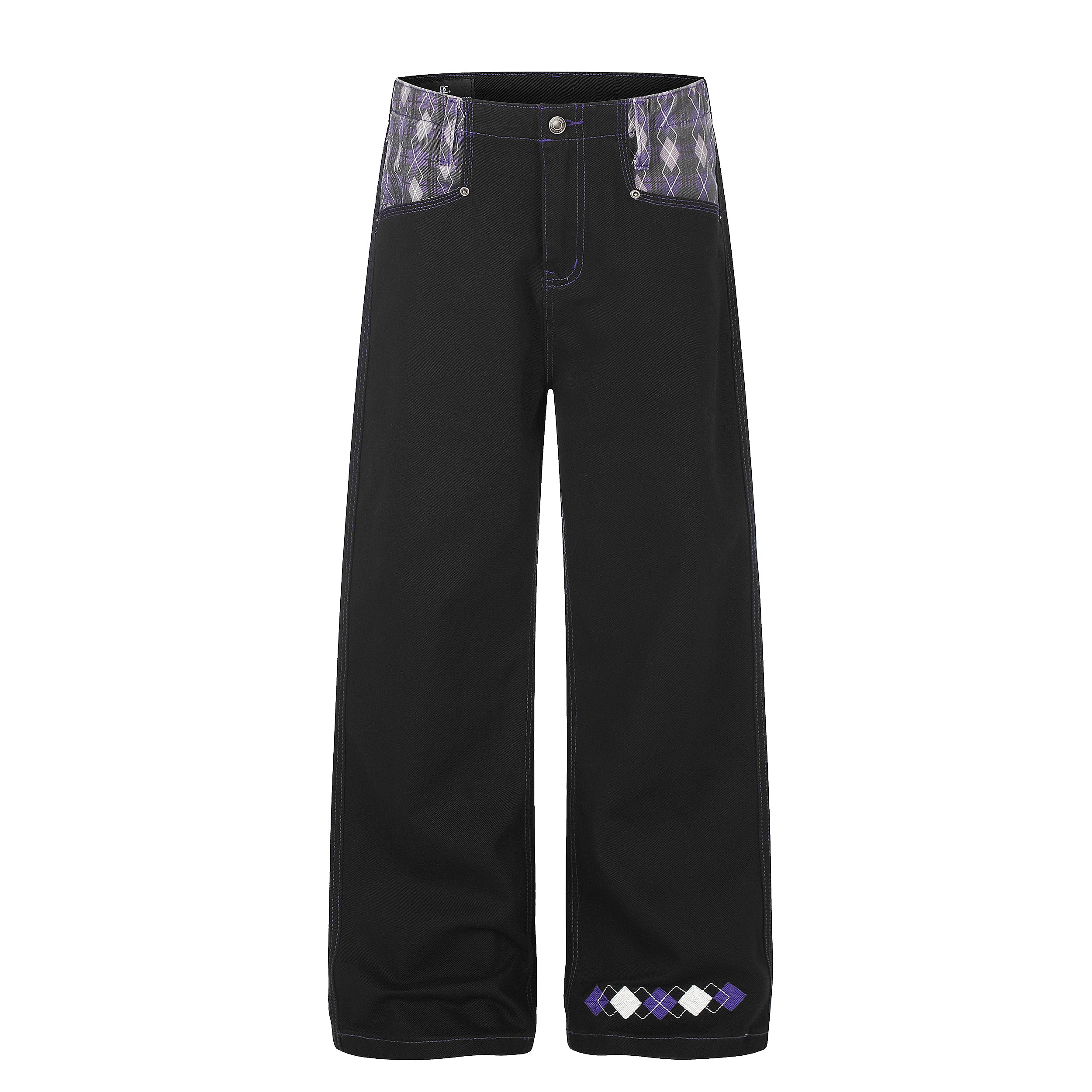 DONOTLOGO Urban Heritage Collection | Unisex Oversized Argyle Patchwork Denim | Retro Aesthetic High-Rise Wide-Leg Bottoms with Authentic Fade Detail